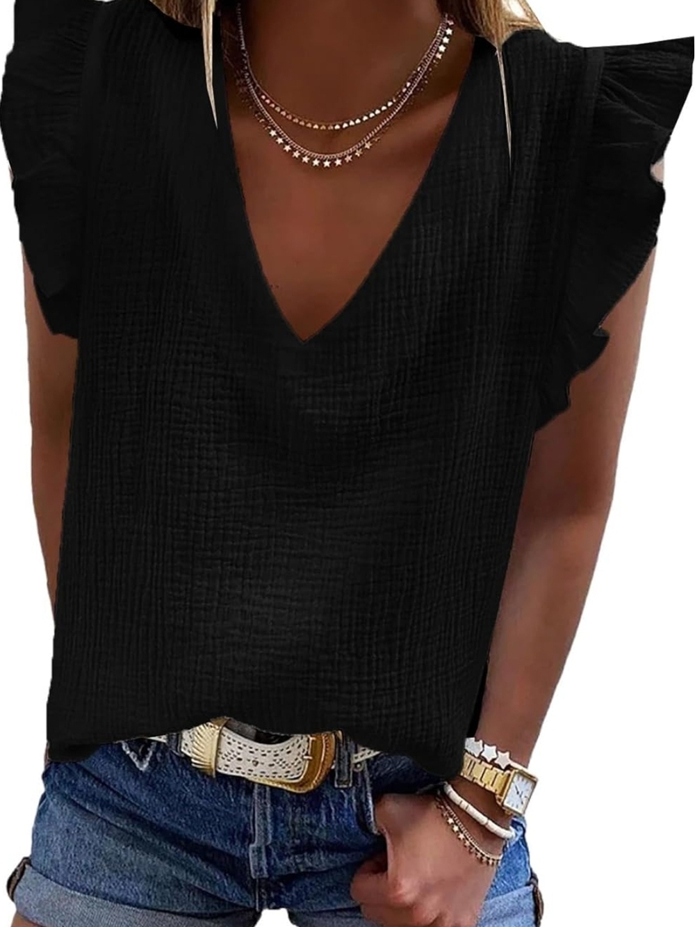 Elegant Black V-Neck Ruffle Sleeve Blouse